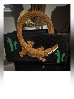 Sandol Black Croc-Embossed Clutch with Brown Top Handles